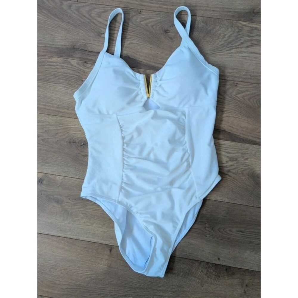 Kaei&Shi White Swimsuit with Tummy Control,Ruched Corset, Cheeky Size Large